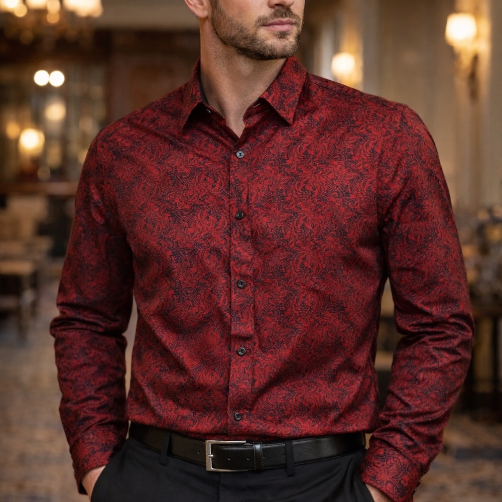 Guess Men's Red Paisley Long-Sleeve Dress Shirt